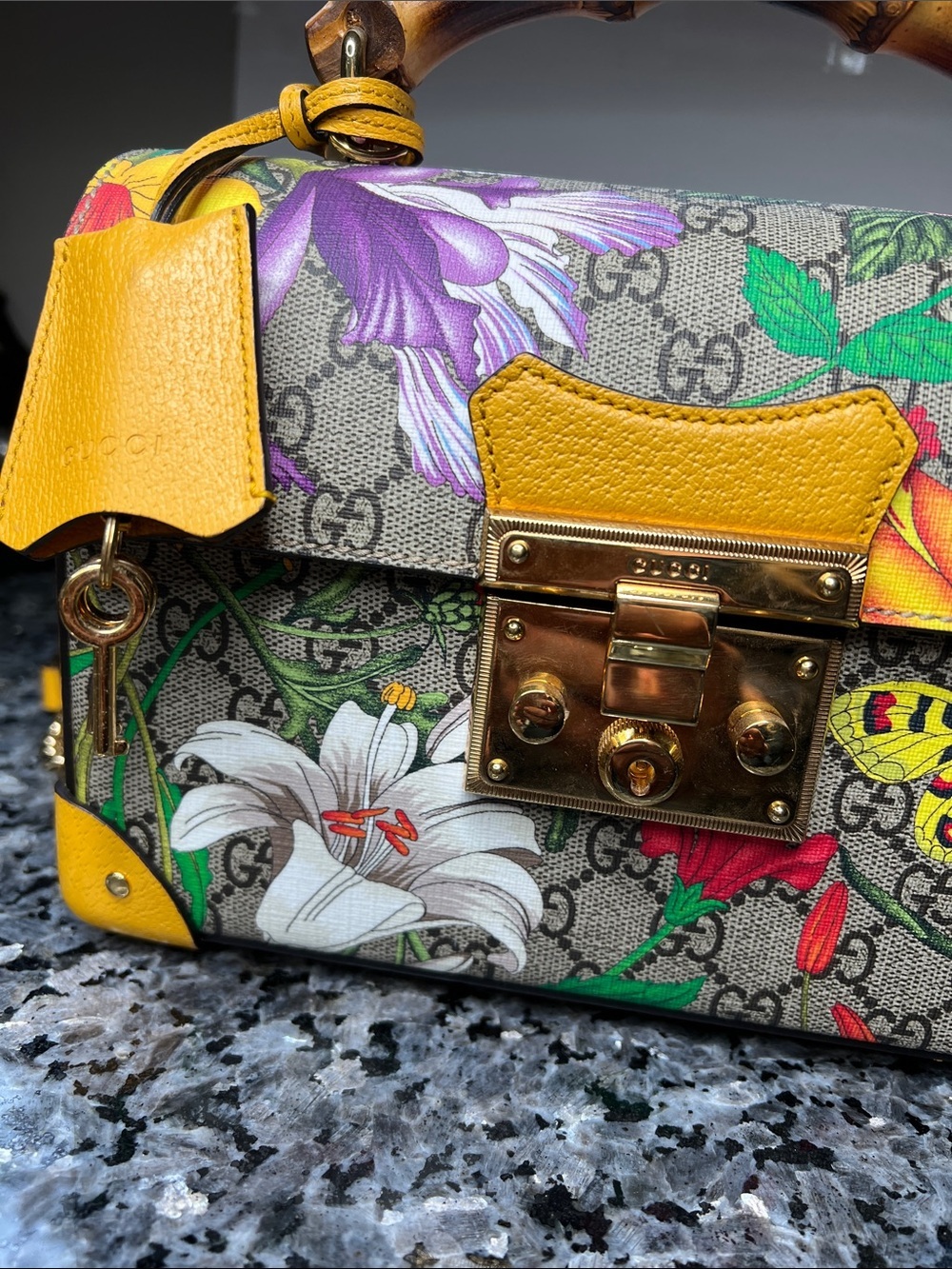 Gucci GG Flora Small Padlock Bamboo Bag Floral Coated Canvas and Yellow Leather - Picture 9 of 16